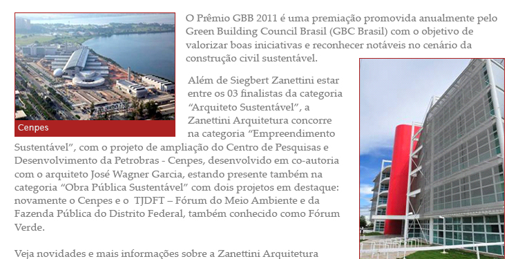 Zanettini Arquitetura recebe quatro indica��es para o Pr�mio Green Building Brasil 2011